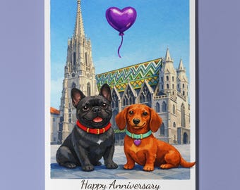 Austria - St Stephen’s Cathedral French Bulldog and Dachshund Dogs Happy Anniversary Card Funny Breeds Premium Card & Envelope Personalised