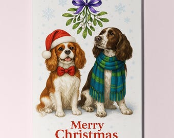 Cavalier King Charles & Springer Spaniels Dogs Under the Mistletoe Merry Christmas Card - Funny Premium Greeting Card Envelope Personalised