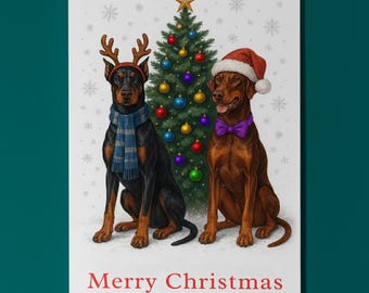 Doberman Dogs Duo - Merry Christmas Card - Funny Animal - Dog Breeds -Premium Greeting Card & Envelope - Personalised card - Friends Members