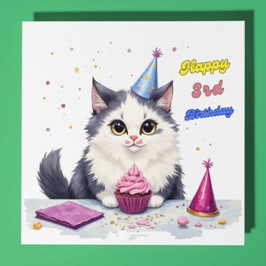 Katze Happy 3.Geburtstag Karte - Lustiges Tier - Premium Grußkarte & Umschlag - Personalisierte Katzen Karte -Enkel Enkelin Tochter Sohn