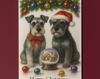 Schnauzer Dogs Duo - Cozy Nose & Snow Globe Merry Christmas Card - Funny Dogs - Dog Breeds - Premium Greeting Card and Envelope Personalised