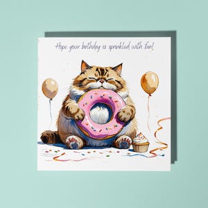 Handgemachte Lustige Katze mit einem Donut Besprüht mit Spaß alles Gute zum Geburtstag Karte Lustige Tier-Karte Tierliebhaber Premium Grußkarte & Umschlag