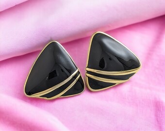 Lovely Vintage Gold-tone Black Enamel Stud Earrings by Trifari Jewellery
