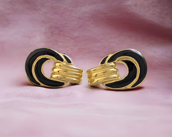 Lovely Vintage Gold Black Colour Enamel Stud Earrings by Trifari Jewellery