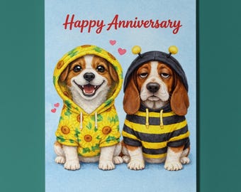 Biglietto d'anniversario per cane Jack Russell Terrier Basset Hound, Felpa con cappuccio ape e girasole, Regalo carino e personalizzato per amanti dei cani