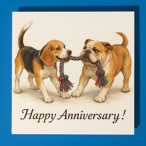 Cani Beagle e Bulldog Inglese - Biglietto di auguri di buon anniversario con animali divertenti - Biglietto di auguri premium e busta - Biglietto di auguri personalizzato per cani