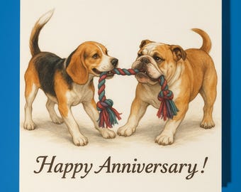 Beagle and English Bulldog Dogs - Happy Anniversary Card  Funny Animal - Premium Greeting Card & Envelope - Personalised Dog card
