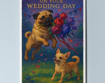 Pug and Chihuahua Dogs Duo - On your wedding day Card - Funny Dogs - Dog Breeds - Premium Greeting Card & Envelope Personalised Newlyweds