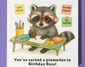 Fine Art Funnies Collection - Raccoon - Birthday Boss! - Happy Birthday Card - Premium Greeting Card Envelope - Personalised card - Friend