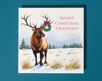 Handmade Proud deer with a Christmas wreath Merry Christmas Grandad Card Animal Card for Animal Lovers Premium Greeting Card White Envelope