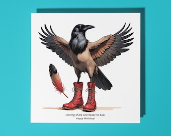 Handmade Funny raven in boots  Sharp and Ready to Soar Happy Birthday Card Funny Animal Card Animal Lovers Premium Greeting Card & Envelope