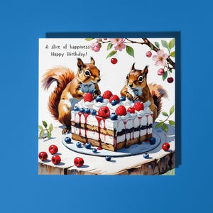 Feito à mão Esquilos engraçados comendo bolo Uma fatia de felicidade Cartão de feliz aniversário Cartão engraçado de animais Amantes de animais Cartão de felicitações premium Envelope