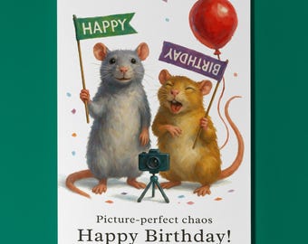 Two happy rats - Picutre-perfect chaos  - Happy Birthday Card - Funny Animal - Premium Greeting Card and Envelope - Personalised - Friends