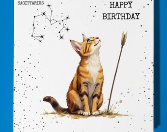 Sagittarius Cat Happy Birthday Card Funny Animal - Premium Greeting Card & Envelope - Personalised zodiac sign card -  Friend Mum Daughter