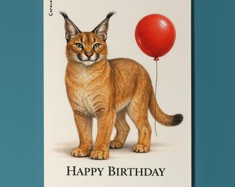 Wild Cats Party Series Caracal: Aim high! Happy Birthday Card Premium Greeting Card Envelope Personalised Friends Family members