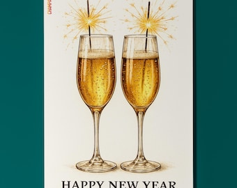 Champagne Happy New Year Card - Funny  Premium Greeting Card and Envelope - Personalised - Friends Family members Girlfriend