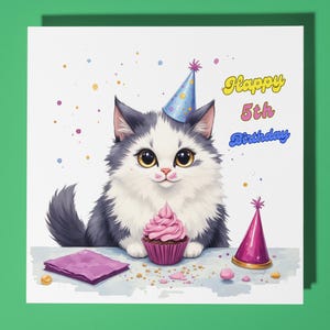Katze Happy 5th Geburtstagskarte - lustiges Tier - Premium Grußkarte & Umschlag - personalisierte Katzenkarte - Enkel-Enkelin Tochter Sohn