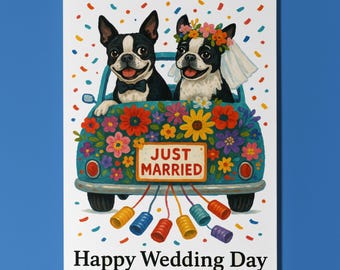 Dog Breeds Collection - Boston Terrier Dogs Duo - Happy Wedding Day Card - Funny Animal  Premium Greeting Card Envelope - Personalised card