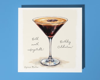 Handmade Espresso martini cocktail wishing you a bold and brilliant year Happy Birthday Card Animal Lovers Premium Greeting Card & Envelope