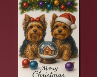 Yorkshire Terrier Dogs Duo - Cozy Nose & Snow Globe Merry Christmas Card - Funny Dogs -  Premium Greeting Card and Envelope Personalised