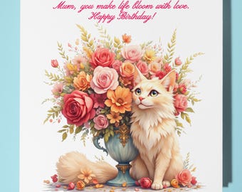 Fluffy Persian cat - Happy Birthday Mum Card - Funny Animal - Premium Greeting Card & Envelope - Personalised Cat card - mum mother