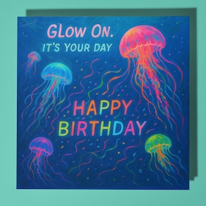 Collection marine - Méduses lumineuses et lumineuses - Carte de joyeux anniversaire - Carte de voeux et enveloppe premium - Amie de la famille, soeur, petite amie, maman