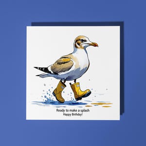 Gaivota engraçada feita à mão em botas de borracha pronta para fazer um respingo Cartão de feliz aniversário Cartão engraçado de animal Amantes de animais Cartão de felicitações premium Envelope
