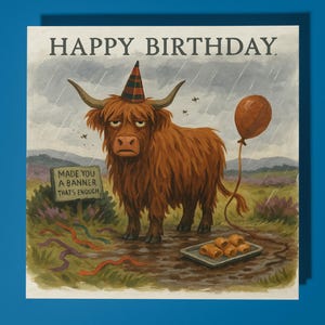 Vaca escocesa divertida - Tarjeta de feliz cumpleaños - Animal divertido - Tarjeta de felicitación y sobre premium - Tarjeta personalizada - Hermana, hija, amiga, papá