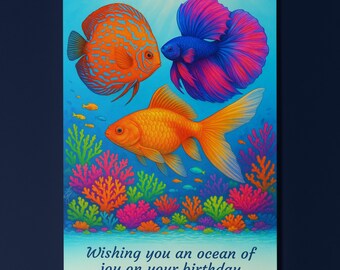 Rainbow Fish Parade Collection Tropical Fish Wishing you an ocean of joy Birthday Card - Premium Greeting Card Envelope - Personalised card