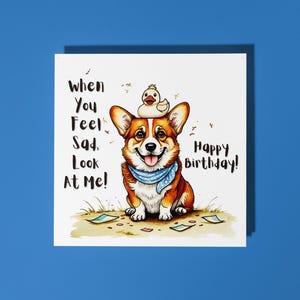 Cartão de feliz aniversário engraçado feito à mão com corgi e patinho - Cartão de animal engraçado para amantes de animais Cartão de felicitações premium com envelope branco
