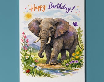 Animal Hugs Series Elephant: Tons of Wishes! Happy Birthday Card Premium Greeting Card Envelope Personalised African Animal Illustration