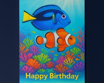 Rainbow Fish Parade Collection - Blue Regal Tang Clownfish Birthday Card - Funny Animal - Premium Greeting Card Envelope - Personalised card