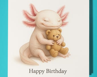Axo-Love Collection - Axolotl with Bear Toy - Happy Birthday Card - Funny Animal - Premium Greeting Card & Envelope - Personalised card
