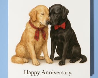 Two Labradors - Red Bows - Happy Anniversary Card  Funny Animal - Premium Greeting Card & Envelope - Personalised Dog card - Husband