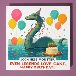 Monstruo del Lago Ness - Tarjeta de cumpleaños - Tarjeta personalizada - Tarjeta de animal divertido - Tarjeta de felicitación premium y sobre Mamá, Papá, Hijo, Hermana, Amigo