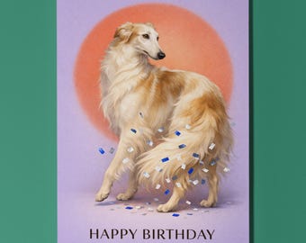 Borzoi Personalised Birthday Card, Elegant Sighthound Dog Art, Pink Sun Gift