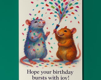 Two rats Hope your birthday bursts with joy - Happy Birthday Card - Funny Animal - Matte Greeting Card and Envelope - Personalised - Friends