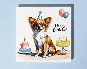 Handmade Cute Papillon Dog breed With cake Happy Birthday Card Funny Animal Card Animal Lovers Premium Greeting Card and Envelope
