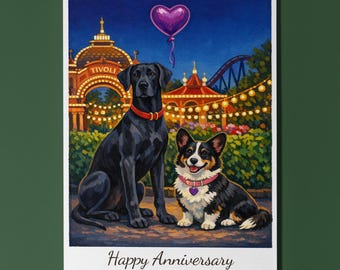 Copenhagen Denmark - Tivoli Gardens Great Dane Corgi Dogs Happy Anniversary Card and Envelope Funny Breeds - Premium Personalised - Couples