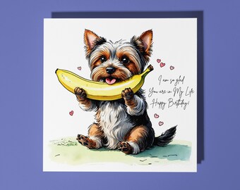 Handmade Cute Yorkshire Terrier With Banana Happy Birthday Card - Funny Animal Card Animal Lovers Premium Greeting Card With White Envelope