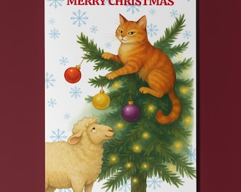 Cat and Sheep - Santa's Little Helper... Not Merry Christmas Card - Funny Cats - Premium Greeting Card and Envelope - Personalised - Friends