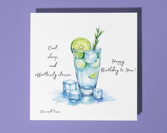 Handmade Gin and Tonic cocktail - Cool, sharp, and effortlessly classic - Happy Birthday Card Animal Lovers Premium Greeting Card & Envelope