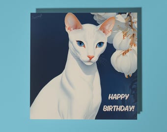 Handmade Graceful White Oriental cat with orchids Happy Birthday Card Funny Animal Card Animal Lovers Premium Greeting Card Envelope