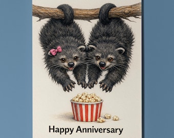 Bearcat Movie Night (Binturong) Happy Anniversary Card - Funny Animal hugs collection - Premium Greeting Card & Envelope - Personalised card