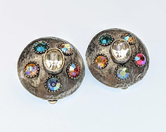 Lovely Silver-tone Round Aurora Borealis Rhinestones clip-on Earrings