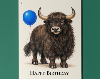 Animal Hugs Yak: Mighty & Fluffy Happy Birthday Card Premium Handmade Greeting Card Envelope Personalised Himalayan Wildlife Tibetan Yak