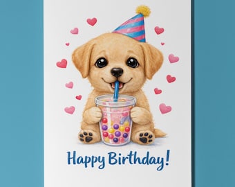 Golden Retriever Dog Boba Bubble Tea Birthday Card, Kawaii Cute Personalised Dog Lover Gift