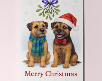 Border Terrier Dogs Duo - Under the Mistletoe - Merry Christmas Card - Funny Dog - Premium Greeting Card and Envelope - Personalised card