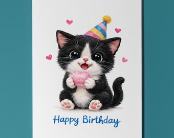Tuxedo Cat Birthday Card, Kawaii Kitten Mochi Art, Blank Greeting (19.5 x 13 cm)