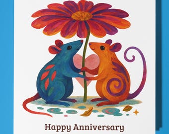 Rats Collection - Two Happy rats with flower - Happy Anniversary Card - Funny Animal - Premium Greeting Card & Envelope - Personalised card